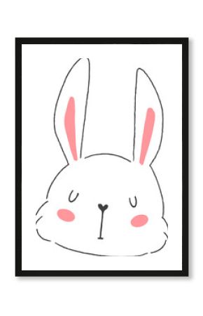 Minimalist line-art rabbit head is resting on transparent background, showing pink cheek blush