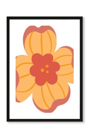 Orange five-petaled flower is floating in flat design with coral outline, transparent background