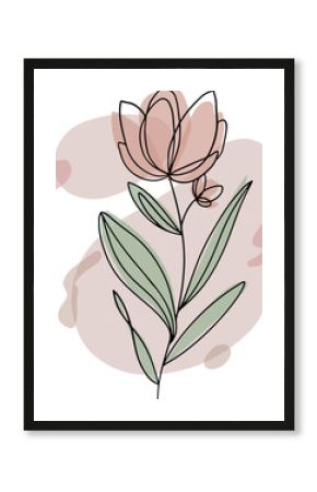 Flat design showing outlined coral bloom, sage leaves and blush shapes on transparent background