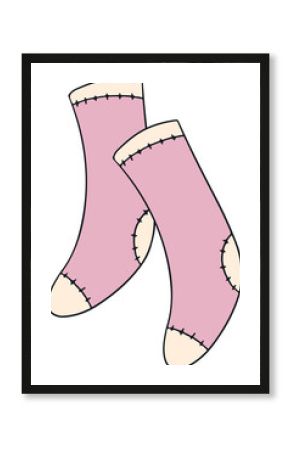 Cartoon pastel pink socks are floating on transparent background with cream patches, black stitches