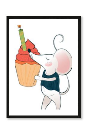 Cartoon mouse is holding cupcake with lit candle in flat design, transparent background