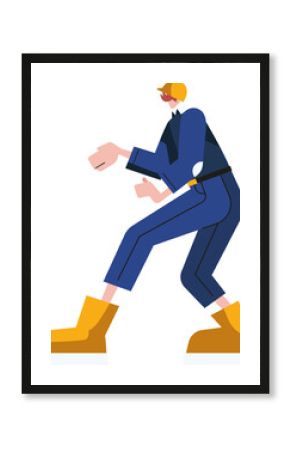 Industrial worker is lunging in flat vector with yellow hard hat and boots, transparent background
