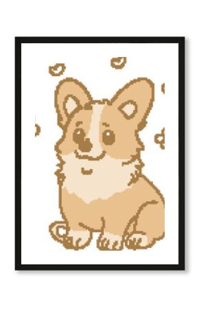 Pixel art corgi dog is sitting upright facing forward with white sparkles, transparent background