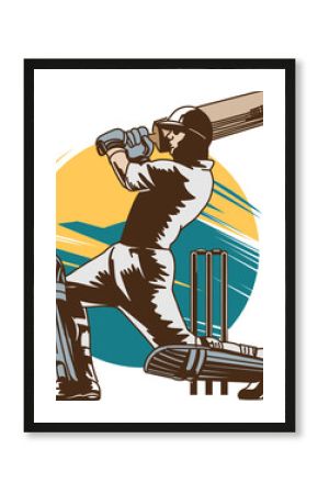 Cricket batsman is swinging bat in flat style with helmet, stumps, circle on transparent canvas