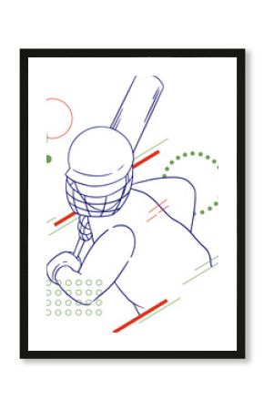 Line-art cricket batsman is raising bat high on transparent background with abstract shapes