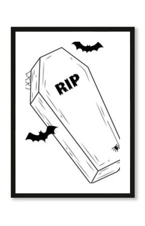 Hand-drawn coffin is tilting on transparent background and is showing RIP text, bats, webs, spider