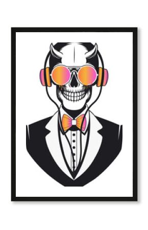 Vector showing horned skull wearing dripping sunglasses and headphones on transparent, copy space