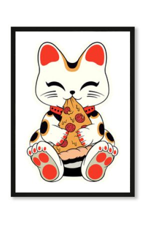Cartoon calico cat is biting pepperoni slice wearing red dot collar, transparent, copy space