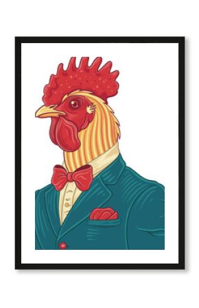 Gentleman rooster is wearing teal jacket and red bow tie in flat cartoon, transparent background