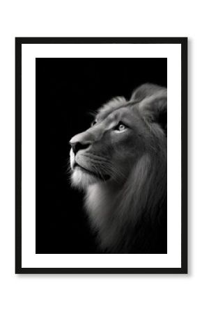 Majestic Lion Portrait in Black and White Showcasing Regal Expression and Powerful Presence of the King of the Jungle