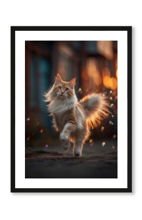 Beautiful long-haired cat walking in golden sunset light