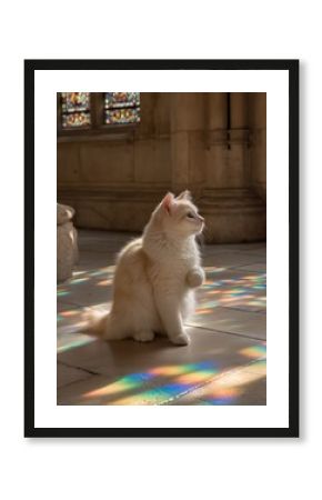 Elegant white cat surrounded by vibrant stained glass reflections