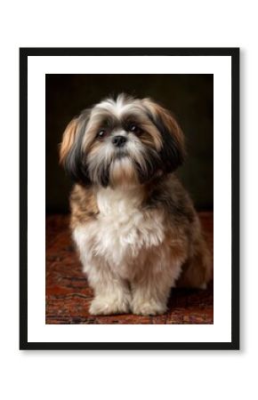 Adorable Shih Tzu with long coat sitting on a patterned rug indoors