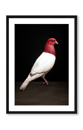 White pigeon with vibrant red head and neck, standing on one leg against black background, elegant and calm pose