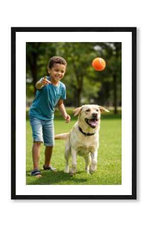 Happy Black boy throwing a ball for his Labrador dog in a park. Child playing fetch with his pet on a sunny day. For pet store advertising, healthy and happy pet concept.