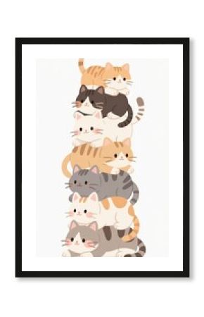 A stack of adorable cartoon cats, each with unique colors and expressions. They are arranged in a playful tower, with soft features that make them look extra cute