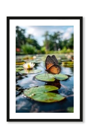 Butterfly on lily pad in pond