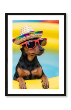 Miniature pinscher dog in a straw sombrero and sunglasses, resting in a yellow inflatable pool, showcasing summer fun and playful pet lifestyle