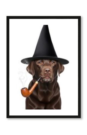 A whimsical wizard labrador retriever wearing a starry hat and smoking a pipe, perfect for fantasy, storybook, or magical-themed designs