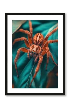 Macro Photography of a Huntsman Spider on a Teal Leaf