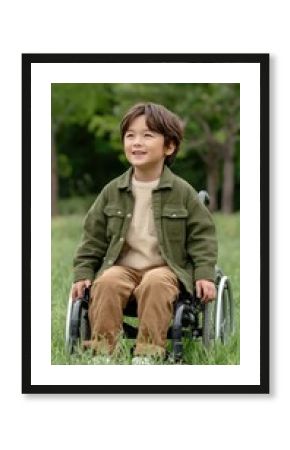 Joyful moments of a handicapped child in a colorful wheelchair enjoying outdoor playtime in a sunny park setting with vibrant greenery