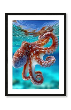 Close-up of a vibrant octopus underwater showcasing detailed tentacles and textured skin in a clear aquatic environment with light reflections and water ripples