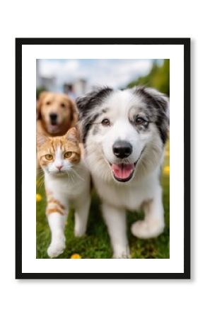 Group of three different pets including a friendly large breed dog with heterochromia eyes, an orange tabby cat, and a playful smaller dog outside in a grassy sunny park