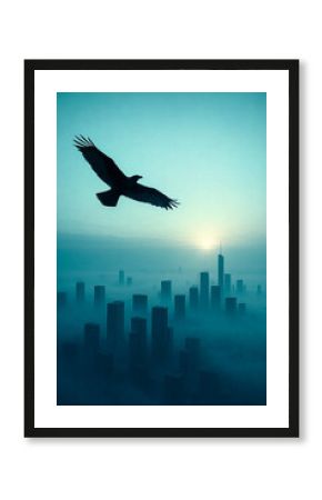 Majestic Bird Flying Over Futuristic City Skyline at Dawn – Surreal Blue Atmosphere with Mist and Light