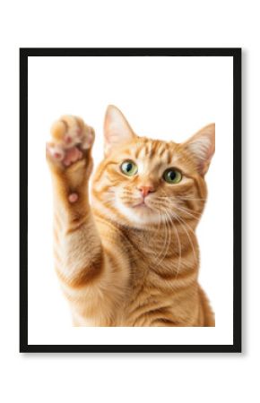 Orange tabby cat playfully waving its paw in the air isolated on transparent background, cutout png