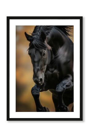 Close-up of a black horse rearing, showcasing powerful muscles and dark coat, symbolizing strength, freedom, and wild beauty