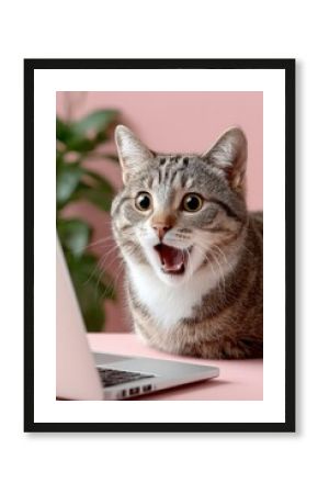 Friendly gray tabby cat with expressive eyes and open mouth sitting near a laptop against pink wall background
