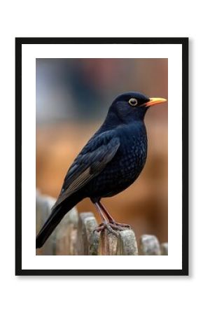 Common blackbird perched on wooden fence in nature