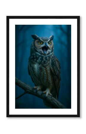 Captivating owl perched in a mystical blue forest setting