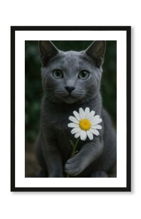 Gray cat holding daisy flower.
