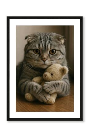 Adorable cat cuddling teddy bear.