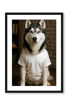 Husky wearing white shirt indoors.