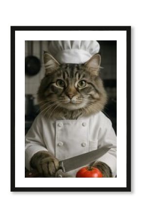 Cat chef holding knife tomato