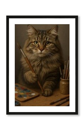 Cat artist holding paintbrush