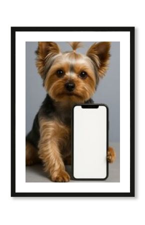 Adorable dog holding smartphone.