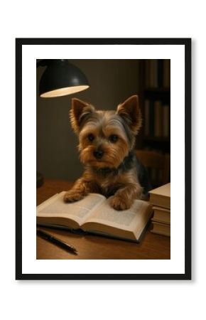 Yorkshire Terrier reading book desk