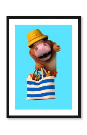 Fun 3D cartoon cow with a beach bag
