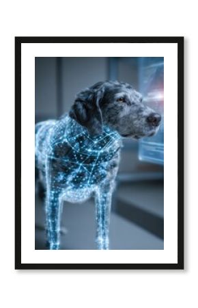 Dog Undergoing Digital Body Mapping in a Futuristic Setting With Advanced Scanning Technology