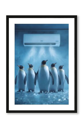 冷房の効いた氷の部屋でエアコンの風を浴びるペンギンたちの涼感シーン