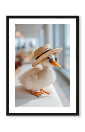 Cute Call Duck in Pastel Bucket Hat and Heart Sunglasses at a Vibrant Night Beach Party with Copy Space