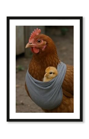 Hen carrying chick creatively.