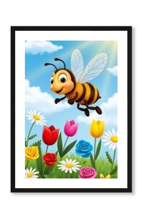 Happy cartoon bee flying over colorful spring flowers in sunny meadow.