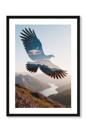 Double exposure of a majestic eagle flying in the blue sky, the silhouette is filled with a dreamy mountain landscape and blooming wild flowers,