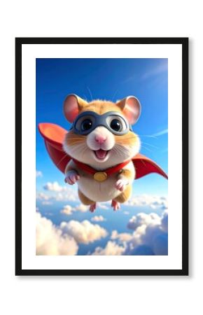 Flying 3D Cartoon Superhero Hamster with Red Cape in Sky