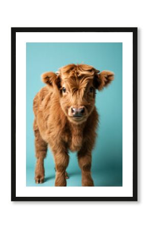 Vertical portrait of a cute Highland cow calf. Young Scottish cattle on a blue background.