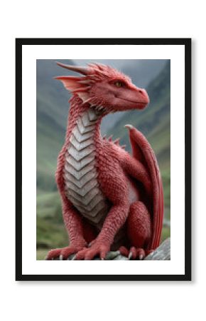 majestic red Welsh dragon with detailed scales and powerful wings, perched on a rocky cliff, overlooking a breathtaking Welsh mountain landscape